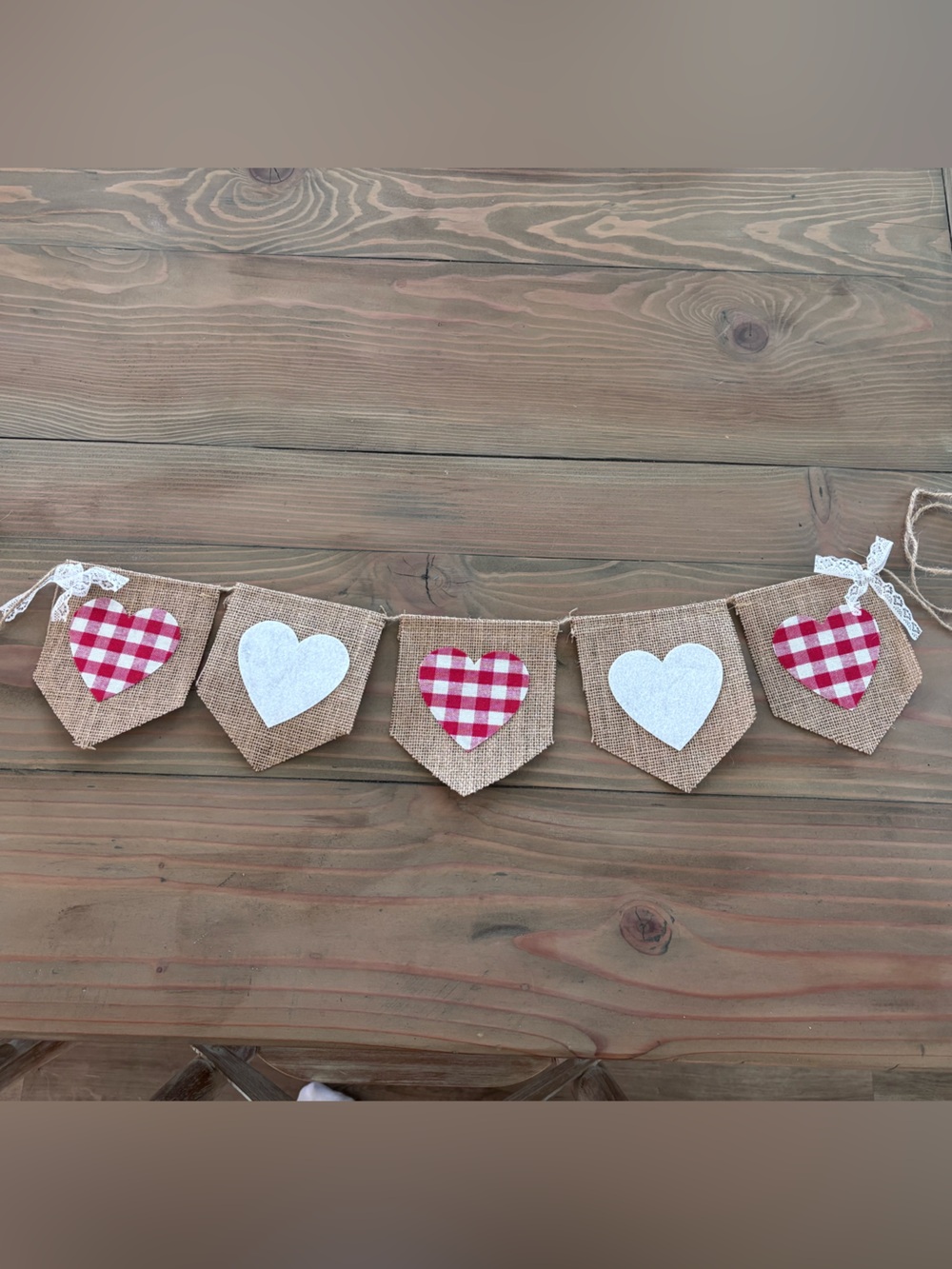 Burlap Heart Banner with Red Gingham and White Hearts